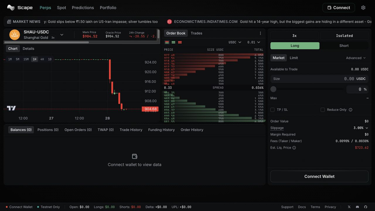 Scape trading interface — testnet preview